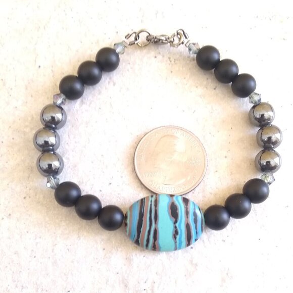 Energetic & Spunky Beaded Bracelet 7-8" ~ Fordite + Hematite + Black Beads - Picture 3 of 6